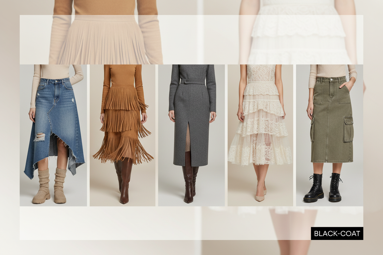 Guide des jupes tendance hiver 2026 BLACK-COAT - 5 styles de jupes : denim asymétrique, suédine à franges, midi professionnelle, volants dentelle, cargo utilitaire