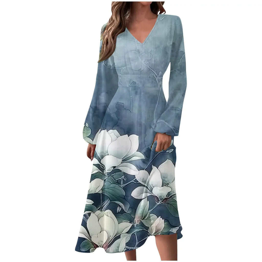 Robe Manches Longues Imprimé Floral Femme - Col V Automne Élégante