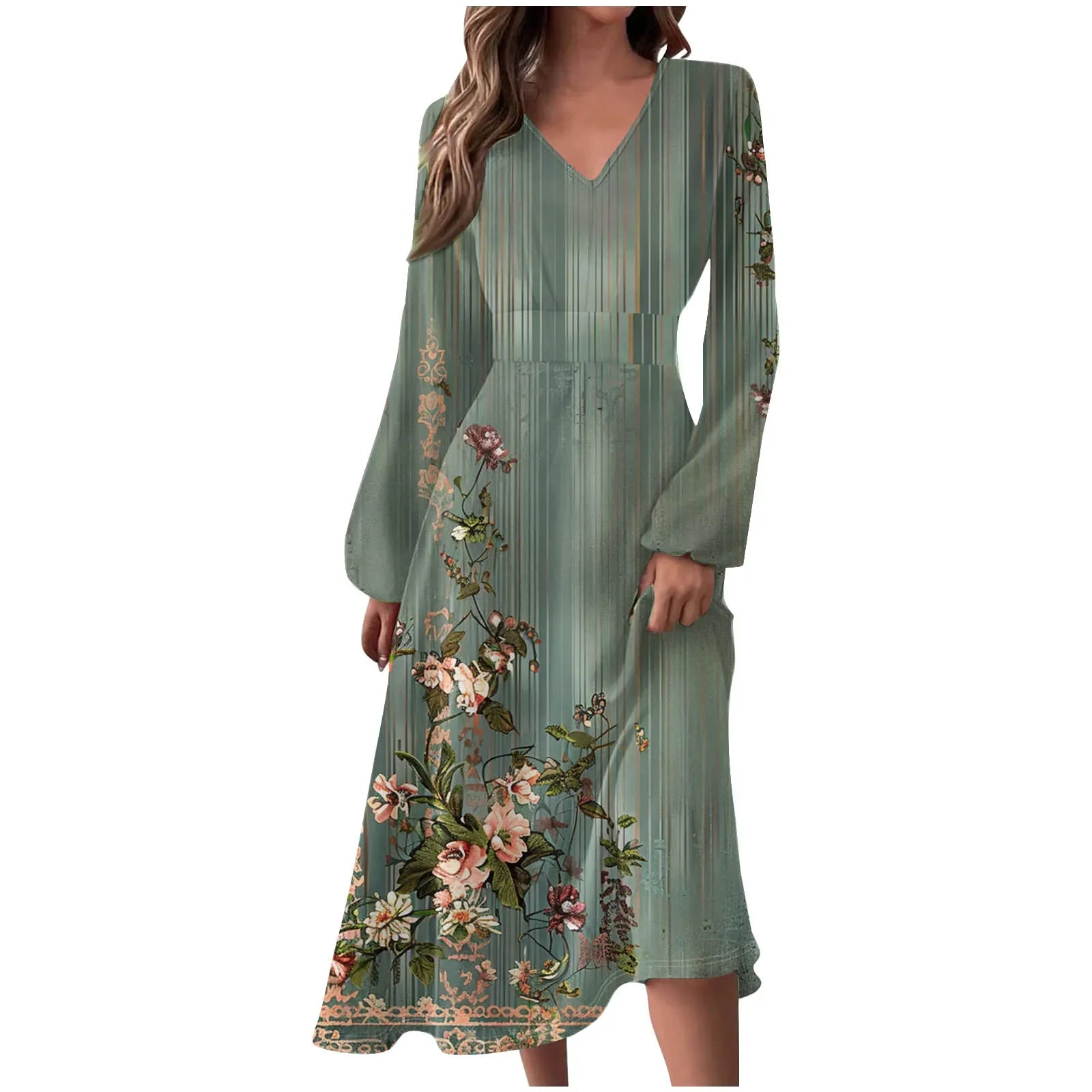 Robe Manches Longues Imprimé Floral Femme - Col V Automne Élégante