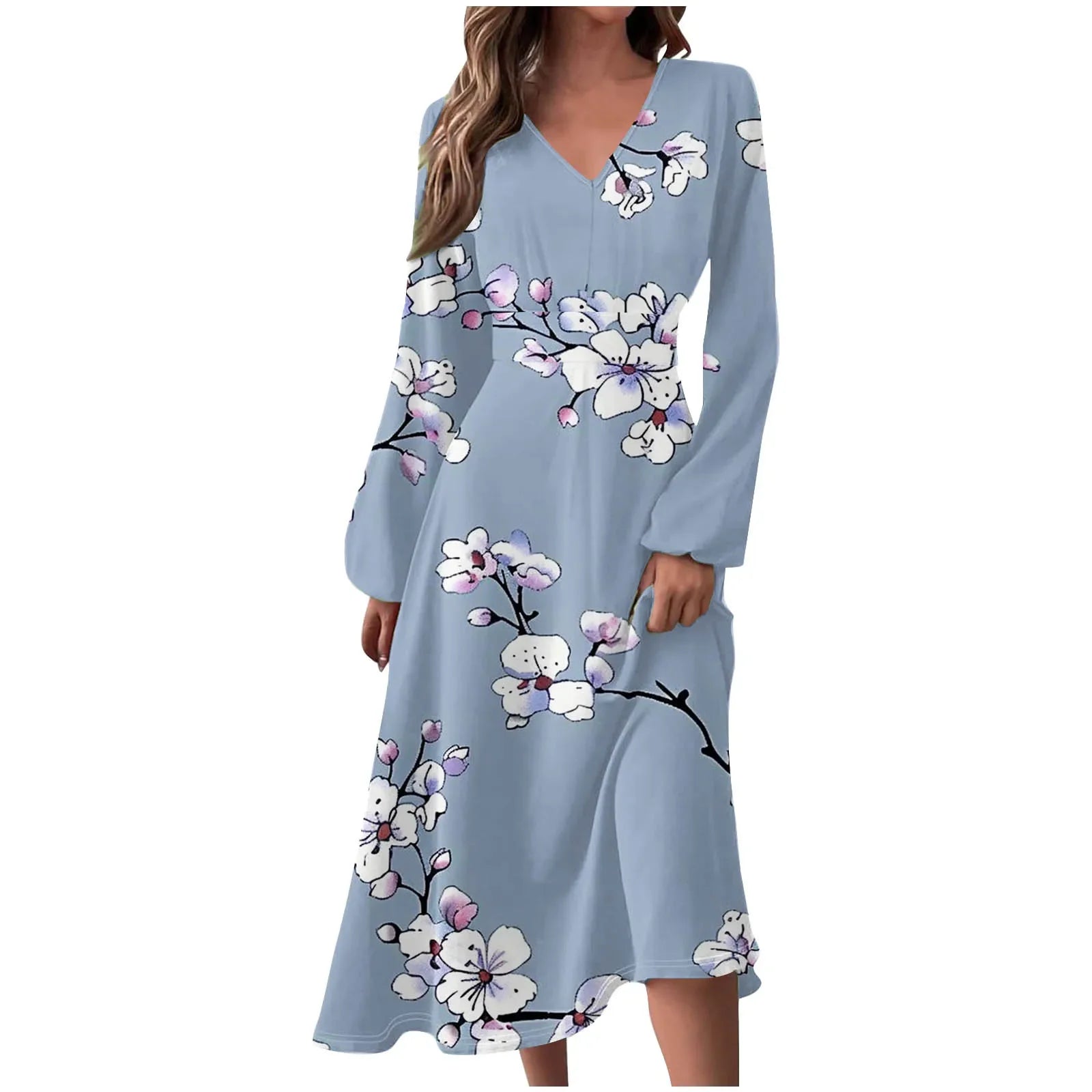 Robe Manches Longues Imprimé Floral Femme - Col V Automne Élégante