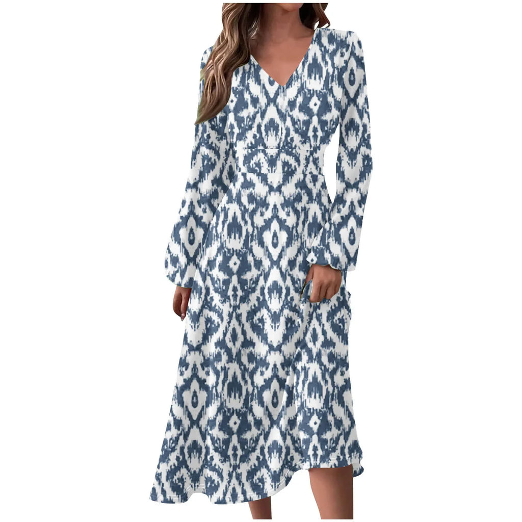 Robe Manches Longues Imprimé Floral Femme - Col V Automne Élégante