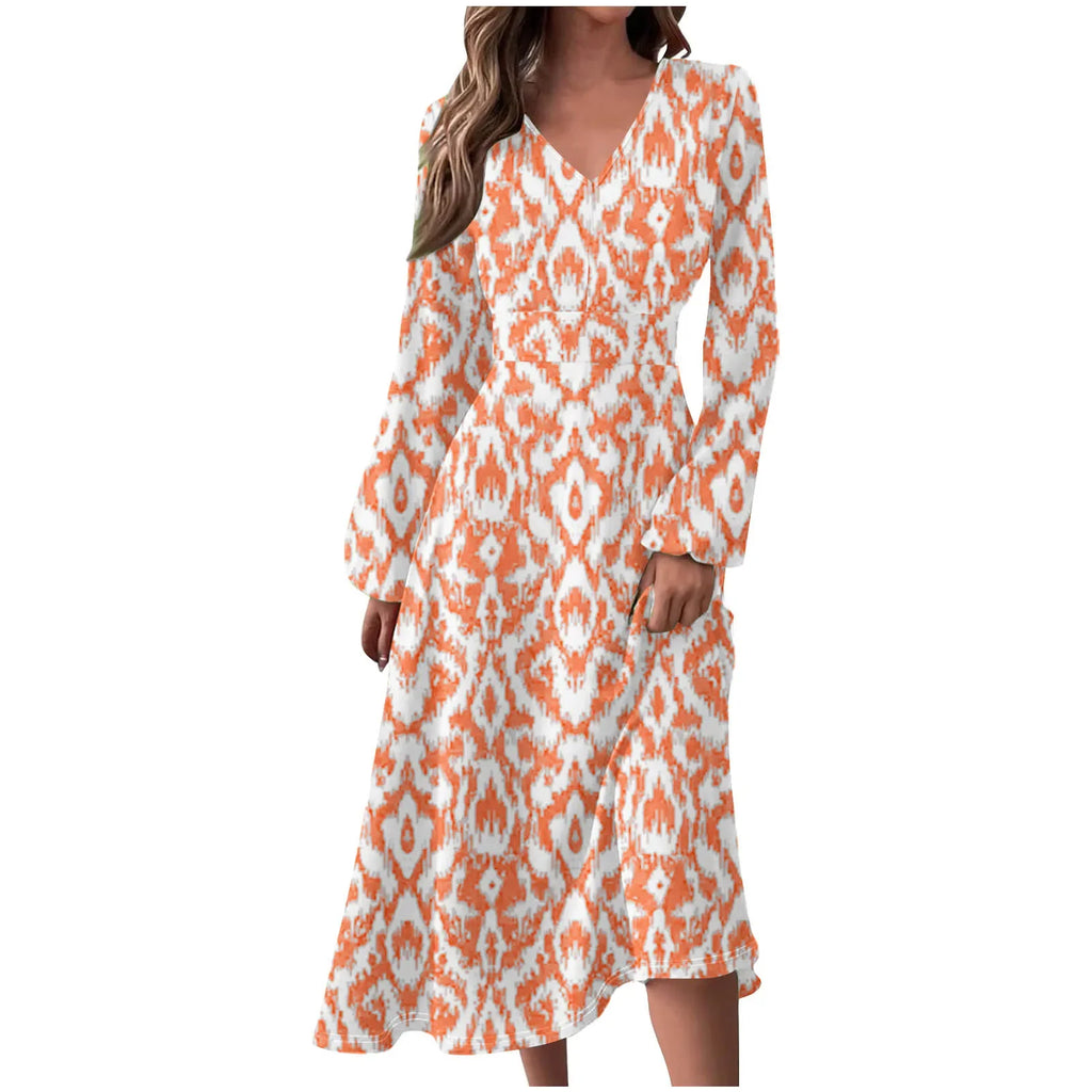 Robe Manches Longues Imprimé Floral Femme - Col V Automne Élégante
