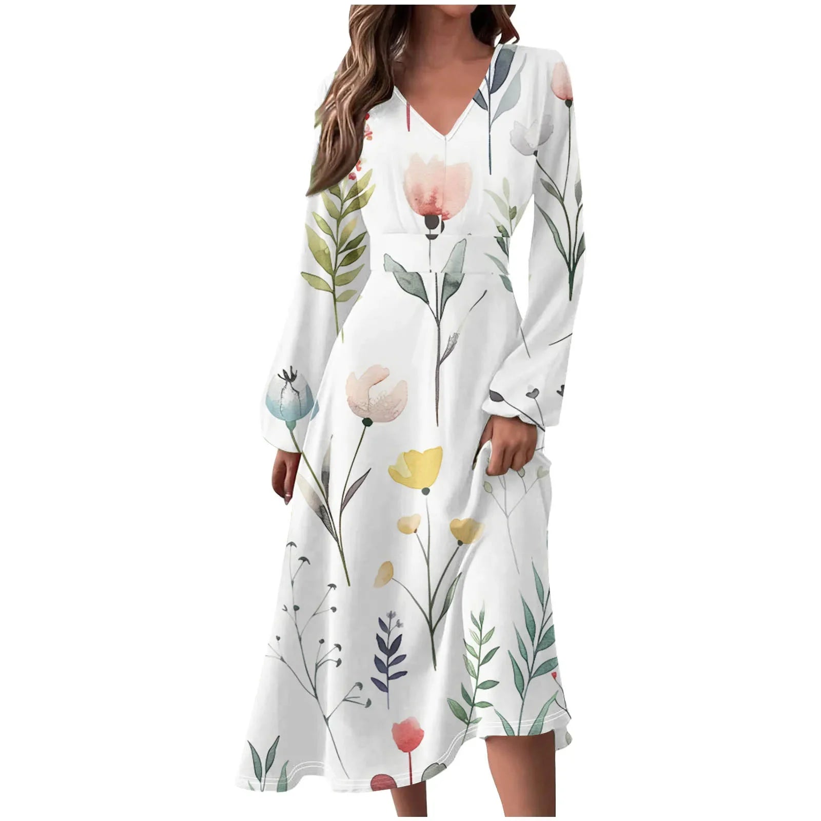 Robe Manches Longues Imprimé Floral Femme - Col V Automne Élégante