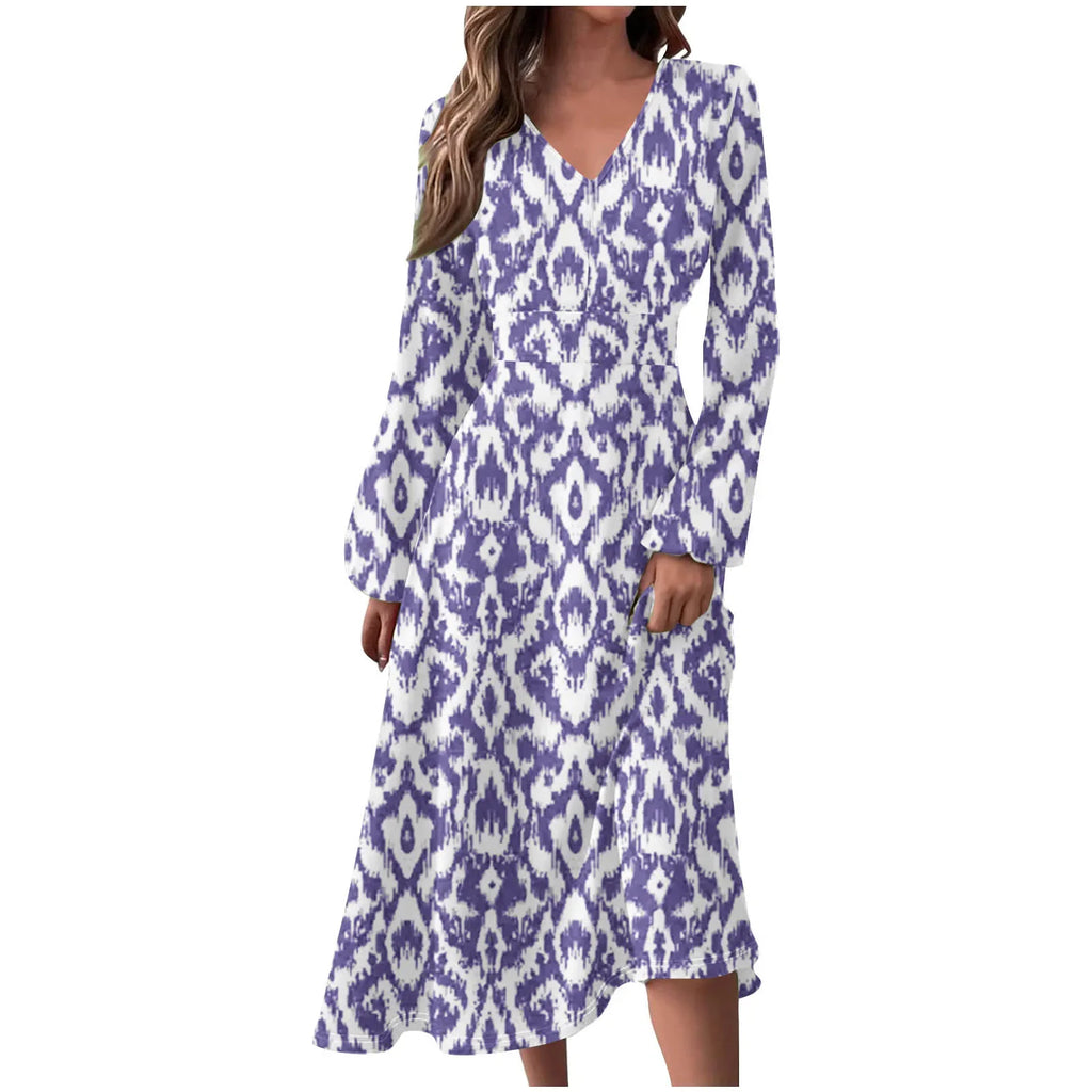 Robe Manches Longues Imprimé Floral Femme - Col V Automne Élégante
