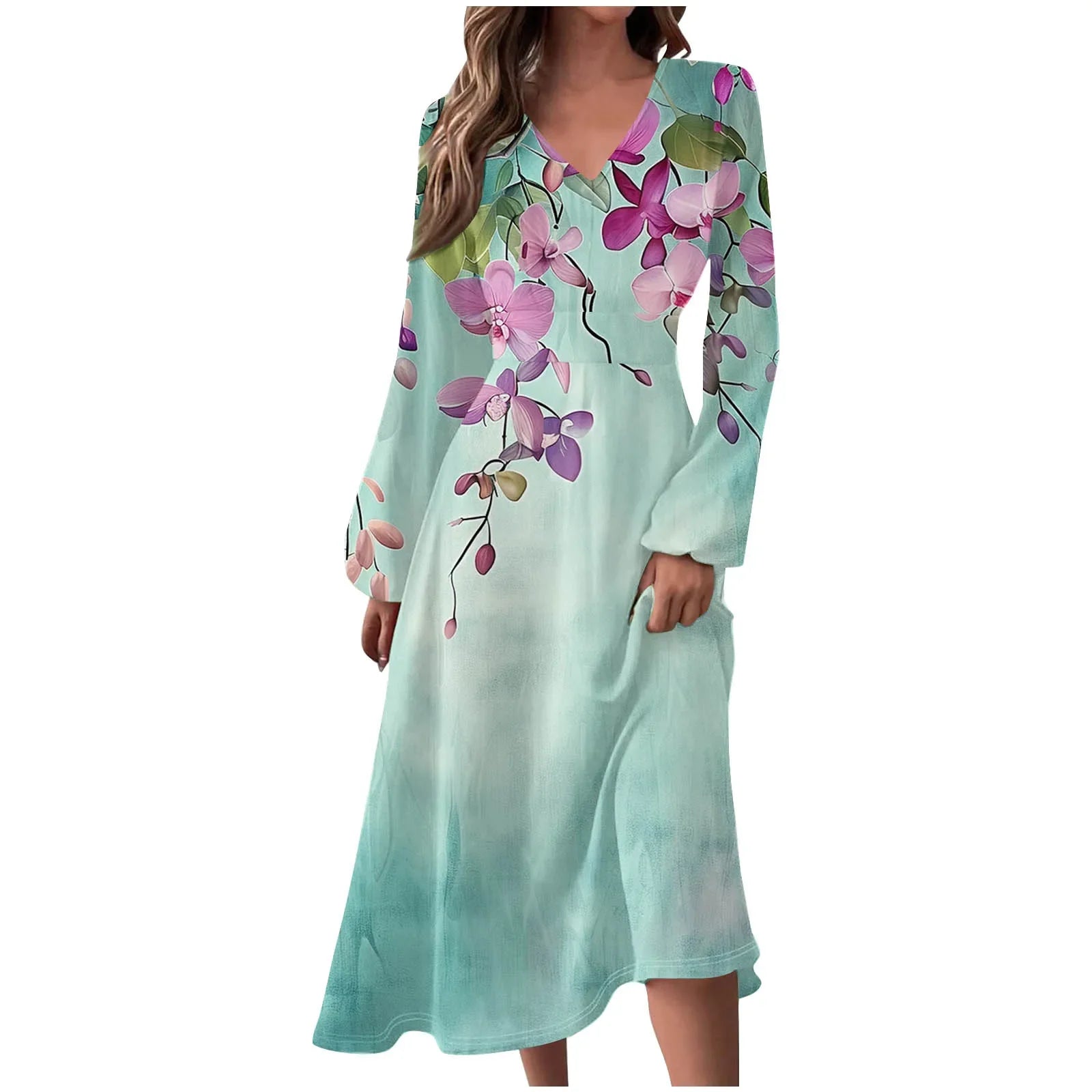Robe Manches Longues Imprimé Floral Femme - Col V Automne Élégante