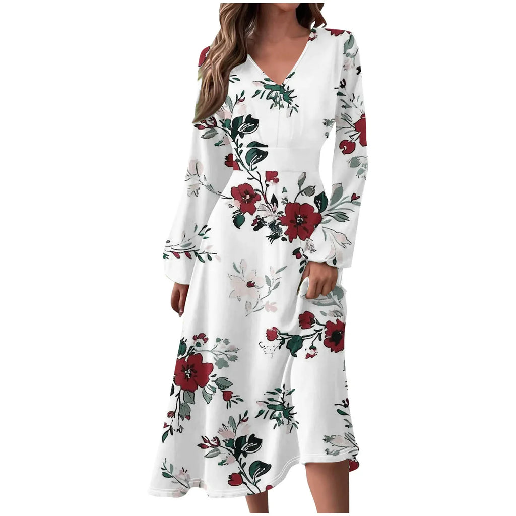 Robe Manches Longues Imprimé Floral Femme - Col V Automne Élégante