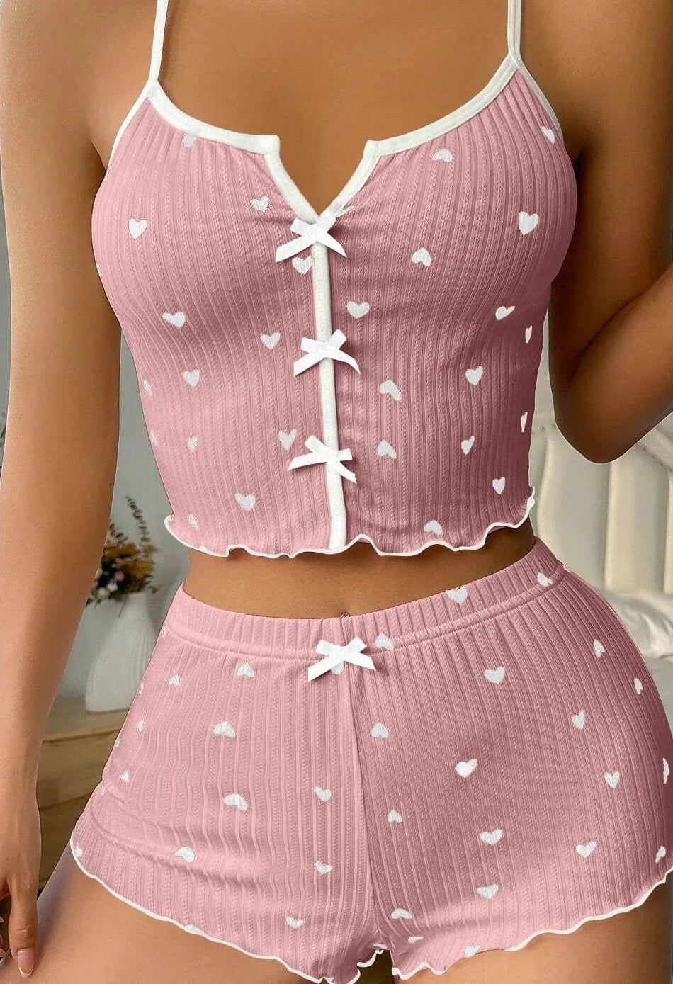 Pyjama Dentelle Cœur Femme - Ensemble Nuit Col V Nœud Papillon