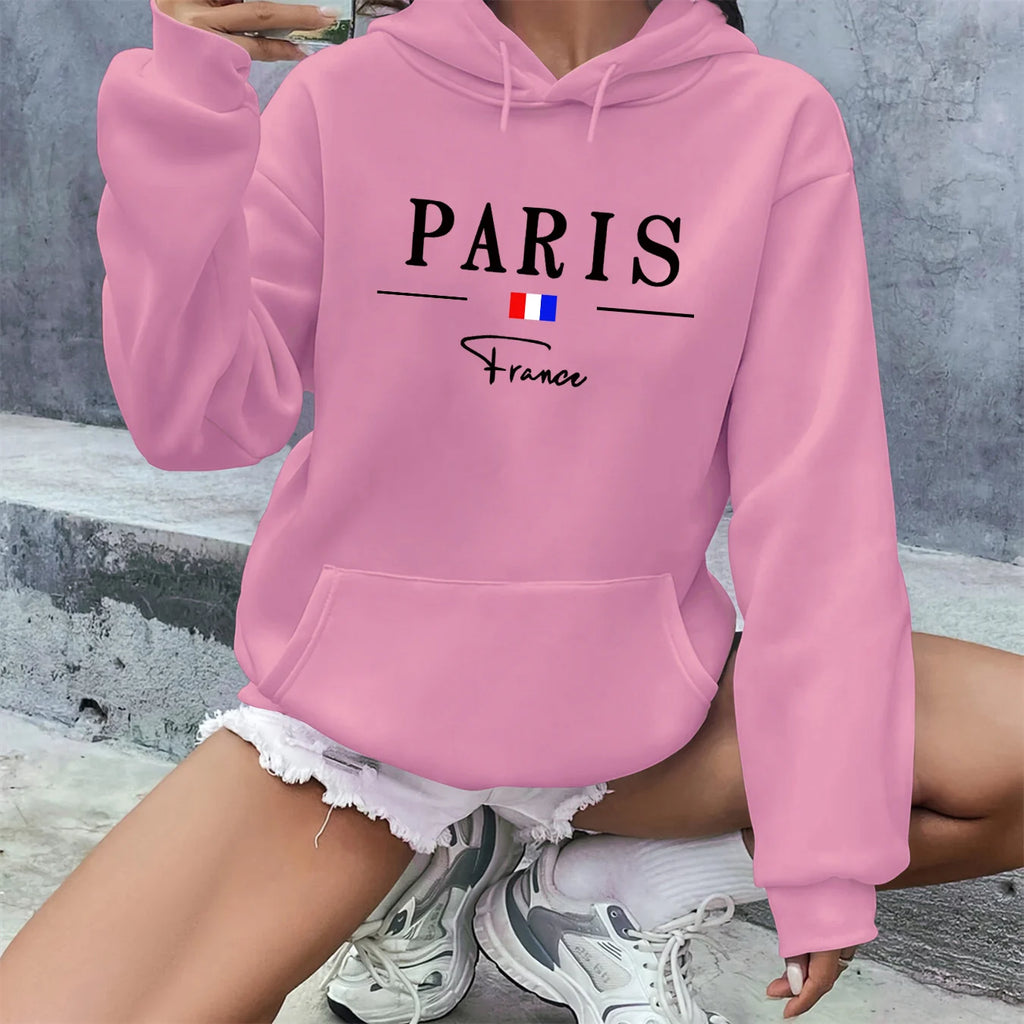 Sweatshirt Femme Paris Imprimé Suède - Hoodie Ample Chaud Automne Hiver