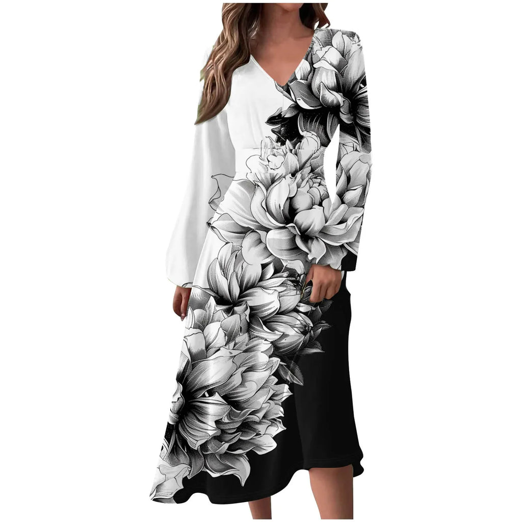 Robe Manches Longues Imprimé Floral Femme - Col V Automne Élégante