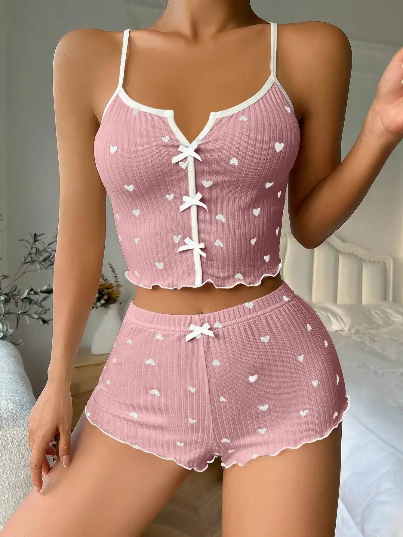 Pyjama Dentelle Cœur Femme - Ensemble Nuit Col V Nœud Papillon