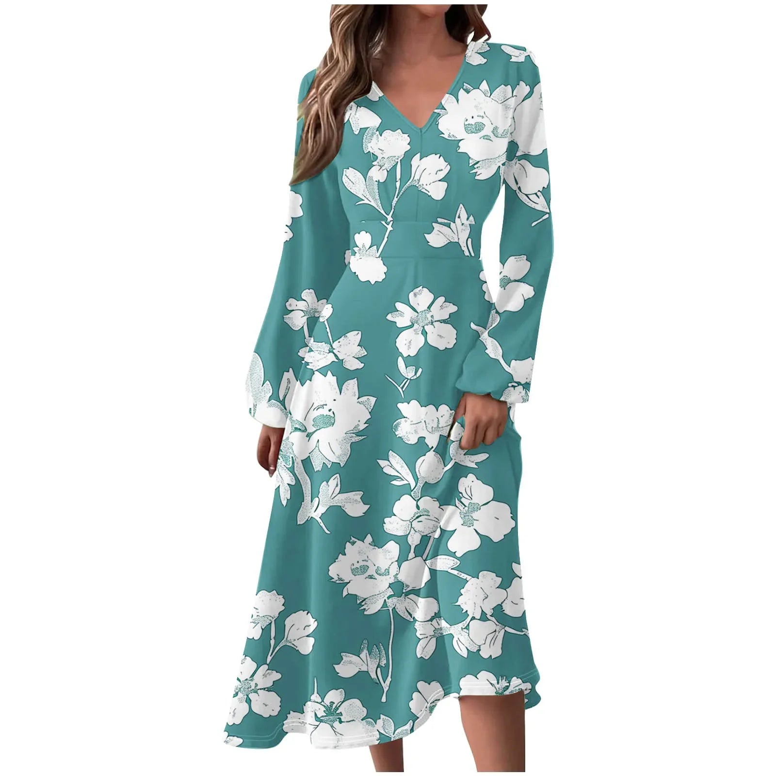 Robe Manches Longues Imprimé Floral Femme - Col V Automne Élégante