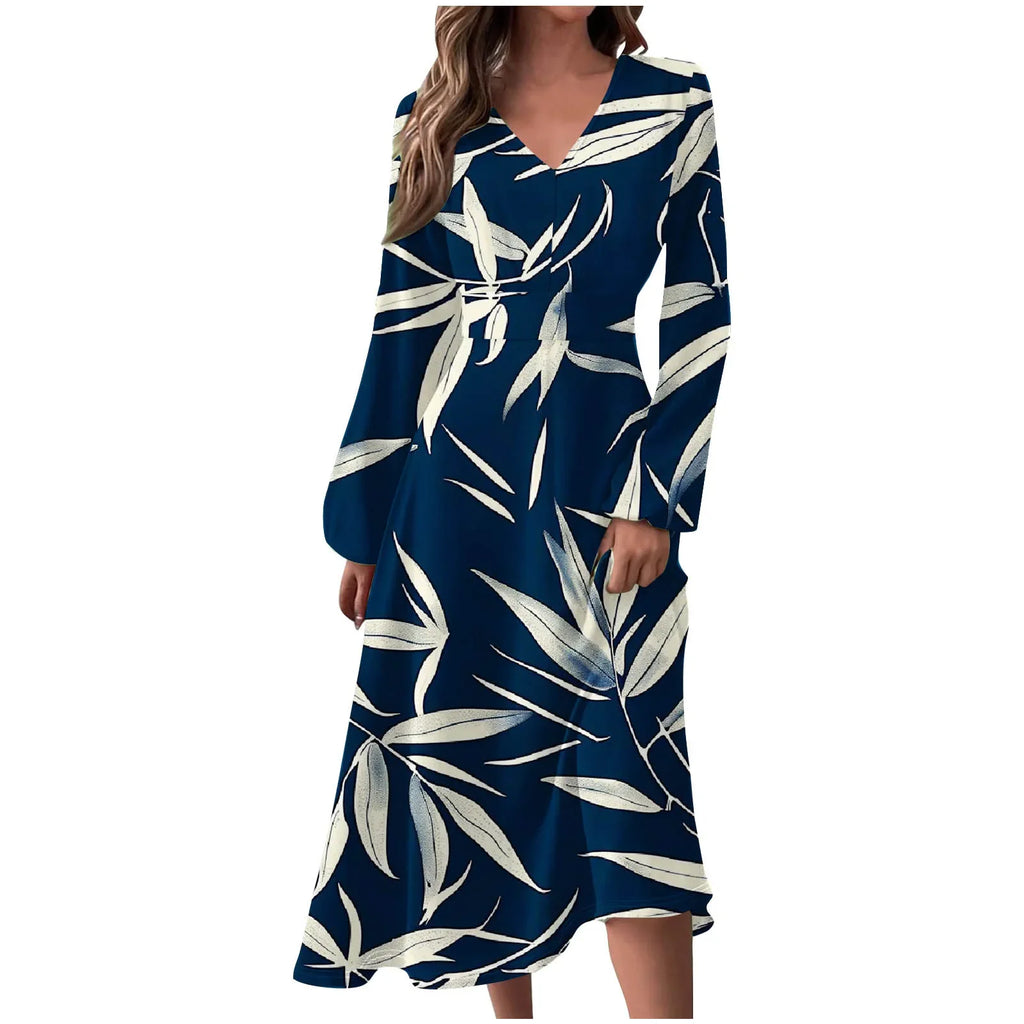 Robe Manches Longues Imprimé Floral Femme - Col V Automne Élégante
