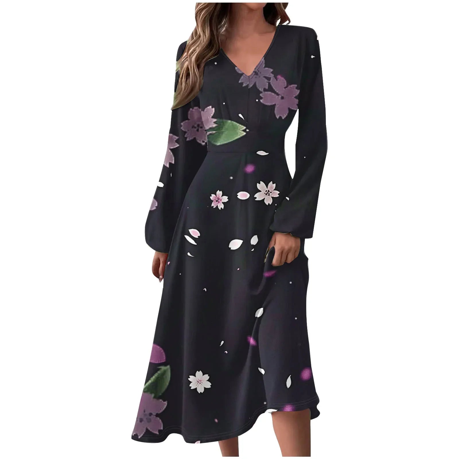 Robe Manches Longues Imprimé Floral Femme - Col V Automne Élégante