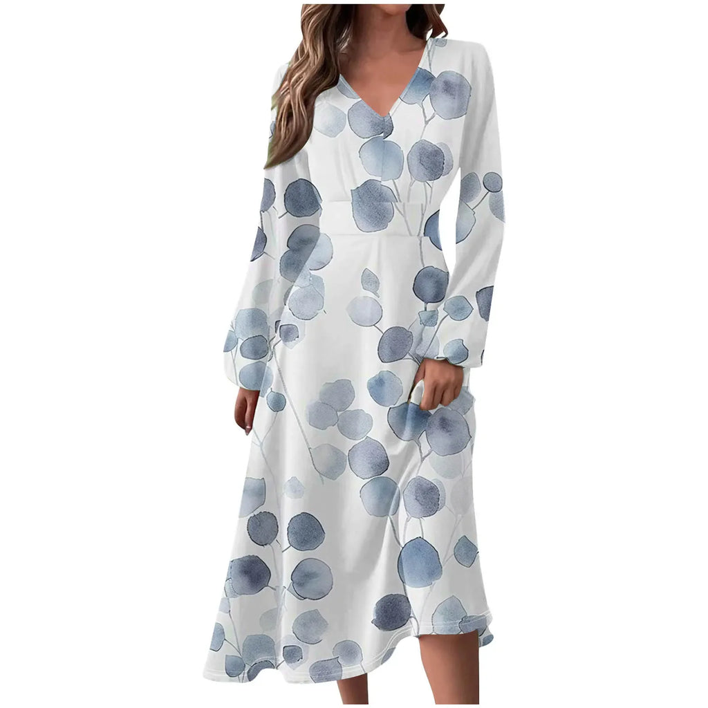 Robe Manches Longues Imprimé Floral Femme - Col V Automne Élégante