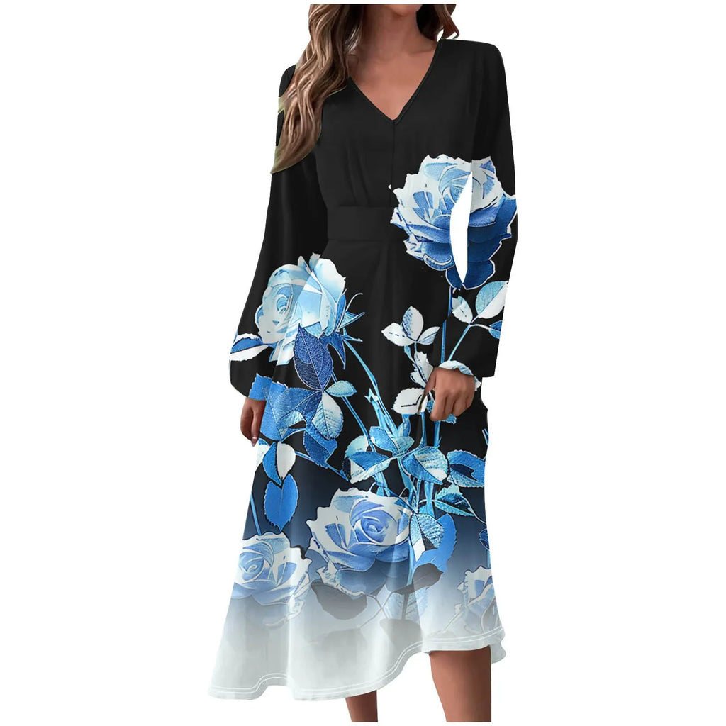 Robe Manches Longues Imprimé Floral Femme - Col V Automne Élégante