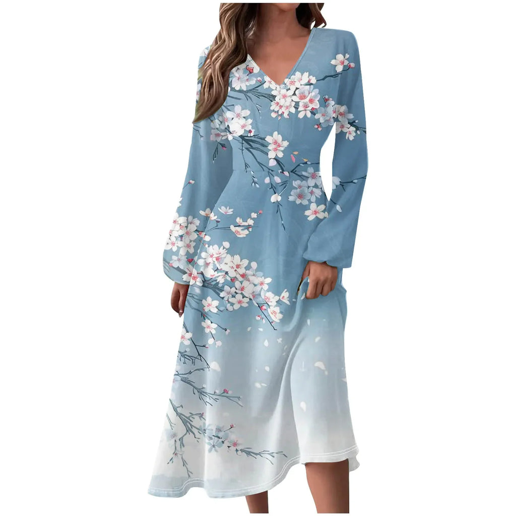 Robe Manches Longues Imprimé Floral Femme - Col V Automne Élégante