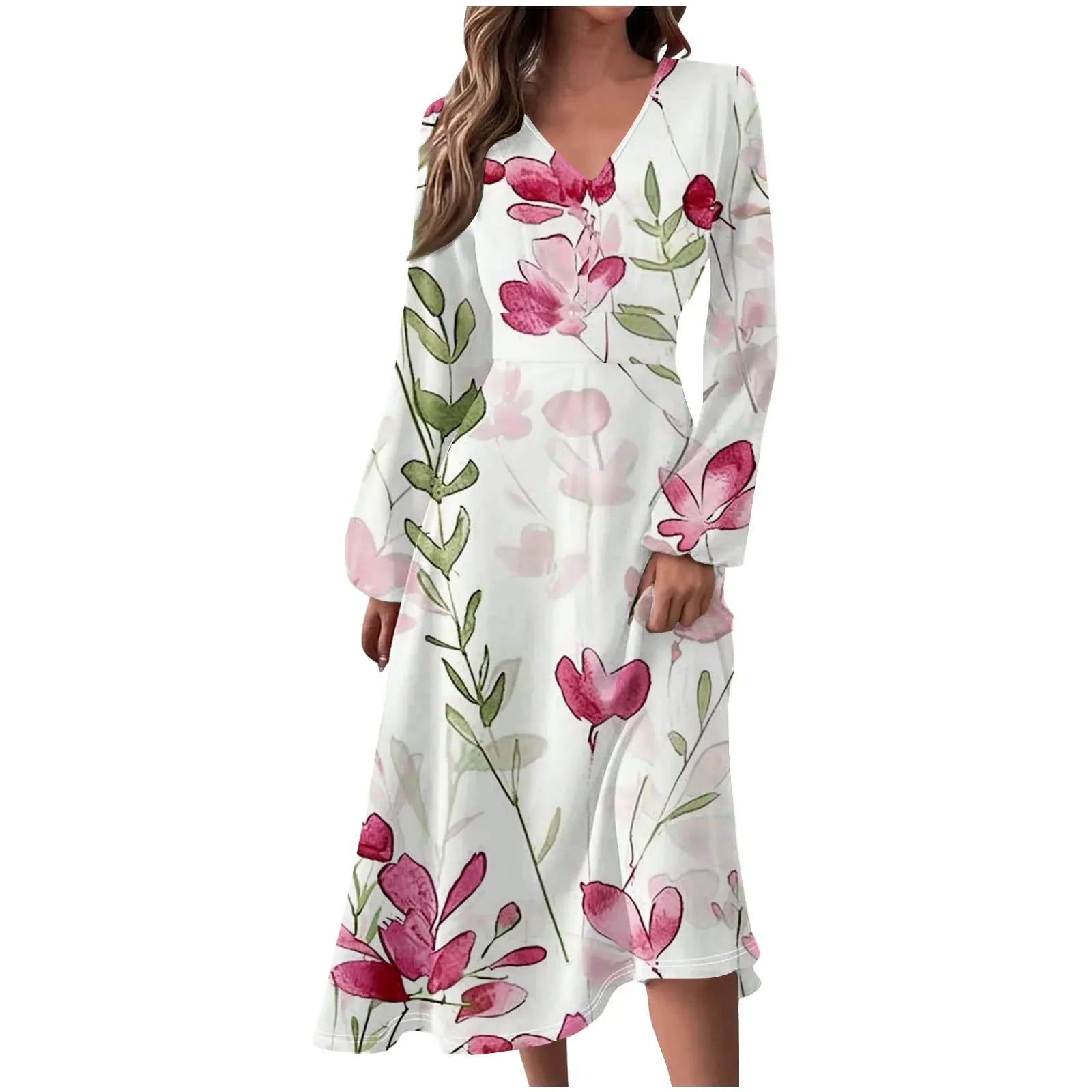 Robe Manches Longues Imprimé Floral Femme - Col V Automne Élégante