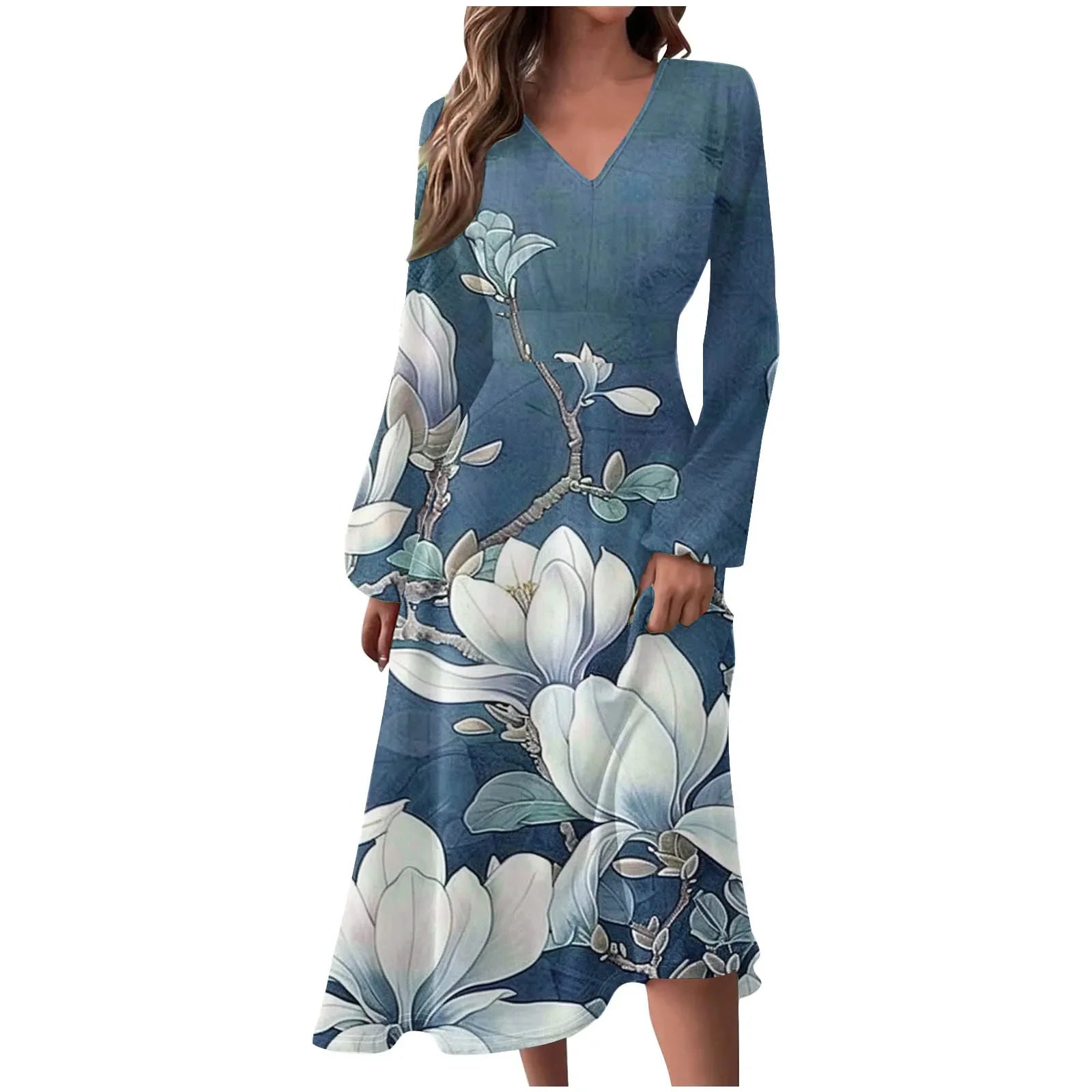 Robe Manches Longues Imprimé Floral Femme - Col V Automne Élégante