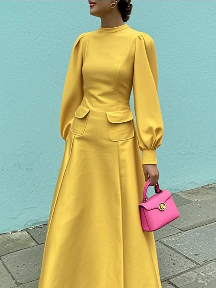 Robe Jaune Femme Manches Bouffantes - Robe Longue Élégante Soirée 2025