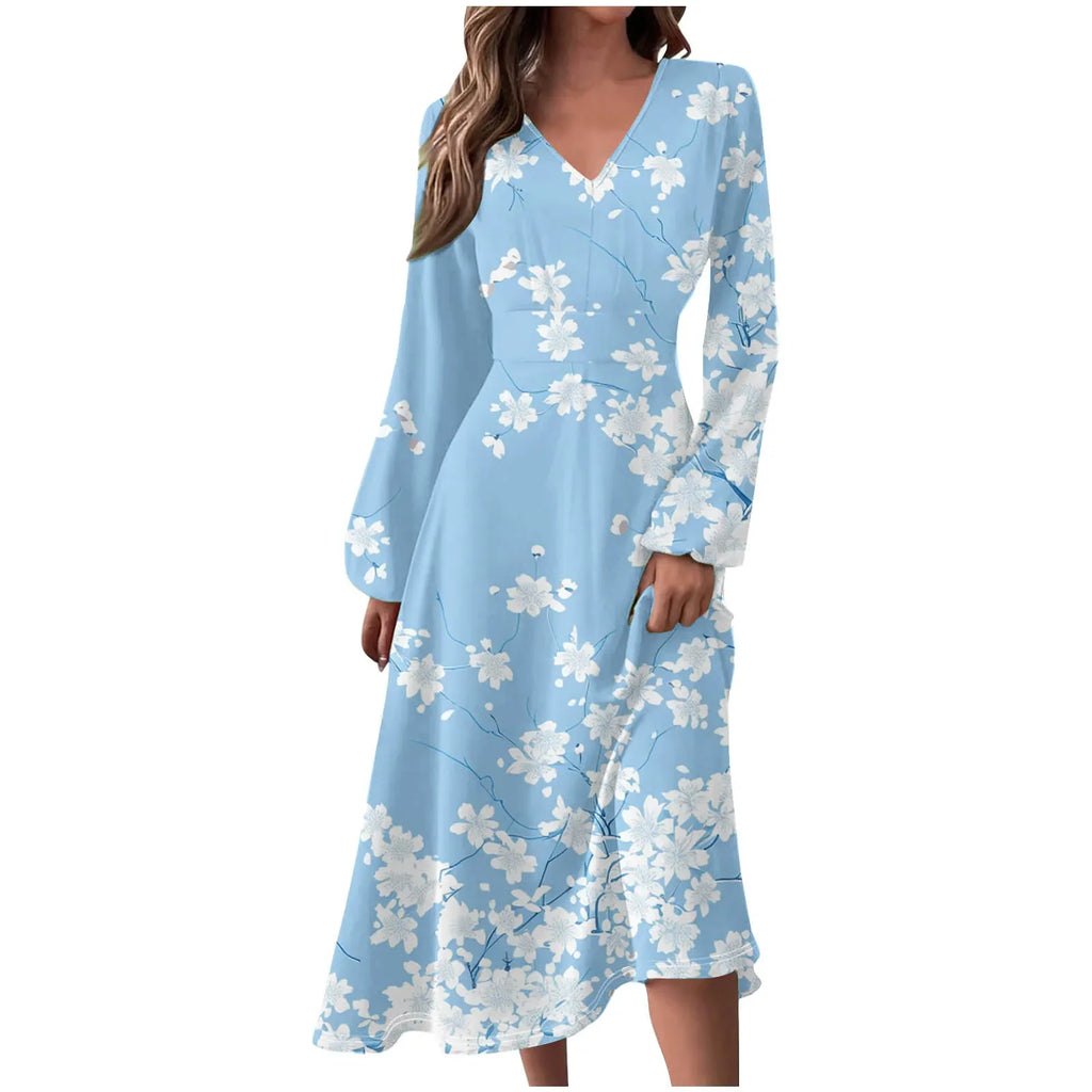 Robe Manches Longues Imprimé Floral Femme - Col V Automne Élégante