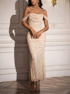 🌟 Robe sirène florale froncée BLACK-COAT - gros plan détaillé sur les motifs floraux délicats, les fronces (ruching) stratégiquement placées et la qualité du tissu polyester-élasthanne qui assure un tombé impeccable ✨
