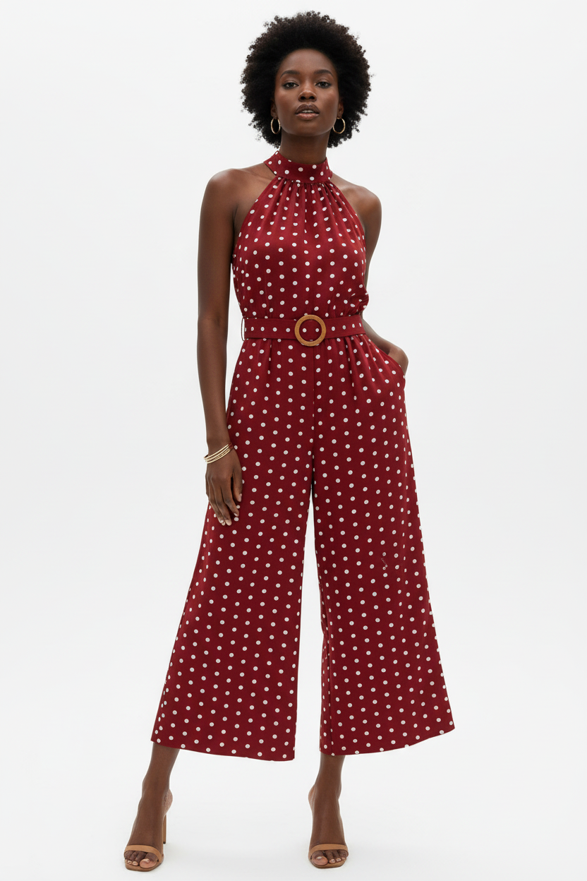 Combinaison halter à pois bordeaux avec col mock halter froncé sophistiqué, imprimé à pois blancs intemporel, ceinture à boucle ronde sculpturale et jambes larges palazzo fluides - vue de face complète sur fond blanc studio montrant la silhouette allongeante et élégante, le tissu 100% polyester léger en bordeaux passionné - Mannequin en pose confiante et estivale - Collection mode féminine accessible premium Black-Coat