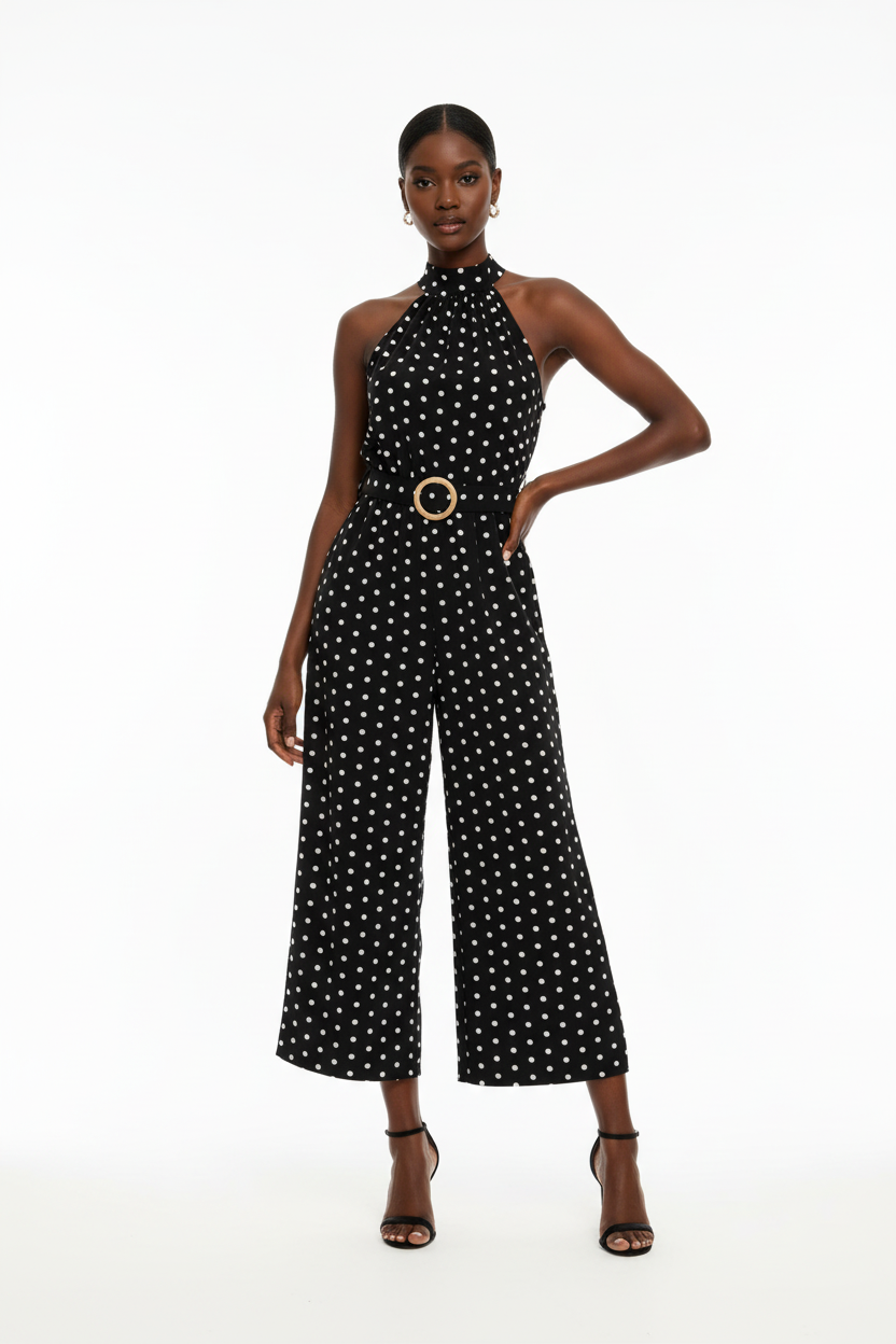 Combinaison halter à pois noire avec col mock halter froncé sophistiqué, imprimé à pois blancs intemporel, ceinture à boucle ronde sculpturale et jambes larges palazzo fluides - vue de face complète sur fond blanc studio montrant la silhouette allongeante et élégante, le tissu 100% polyester léger en noir chic - Mannequin en pose confiante et estivale - Collection mode féminine accessible premium Black-Coat