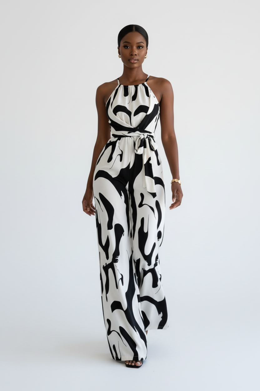 Combinaison pantalon large imprimé abstrait noir et blanc avec encolure halter, fronces au buste et ceinture nouée à la taille - vue de face complète montrant la silhouette élancée créée par le pantalon large fluide, l'imprimé abstrait graphique noir et blanc, et la ceinture qui affine la taille - Mannequin en mouvement dynamique sur fond blanc studio - Collection mode féminine accessible premium Black-Coat