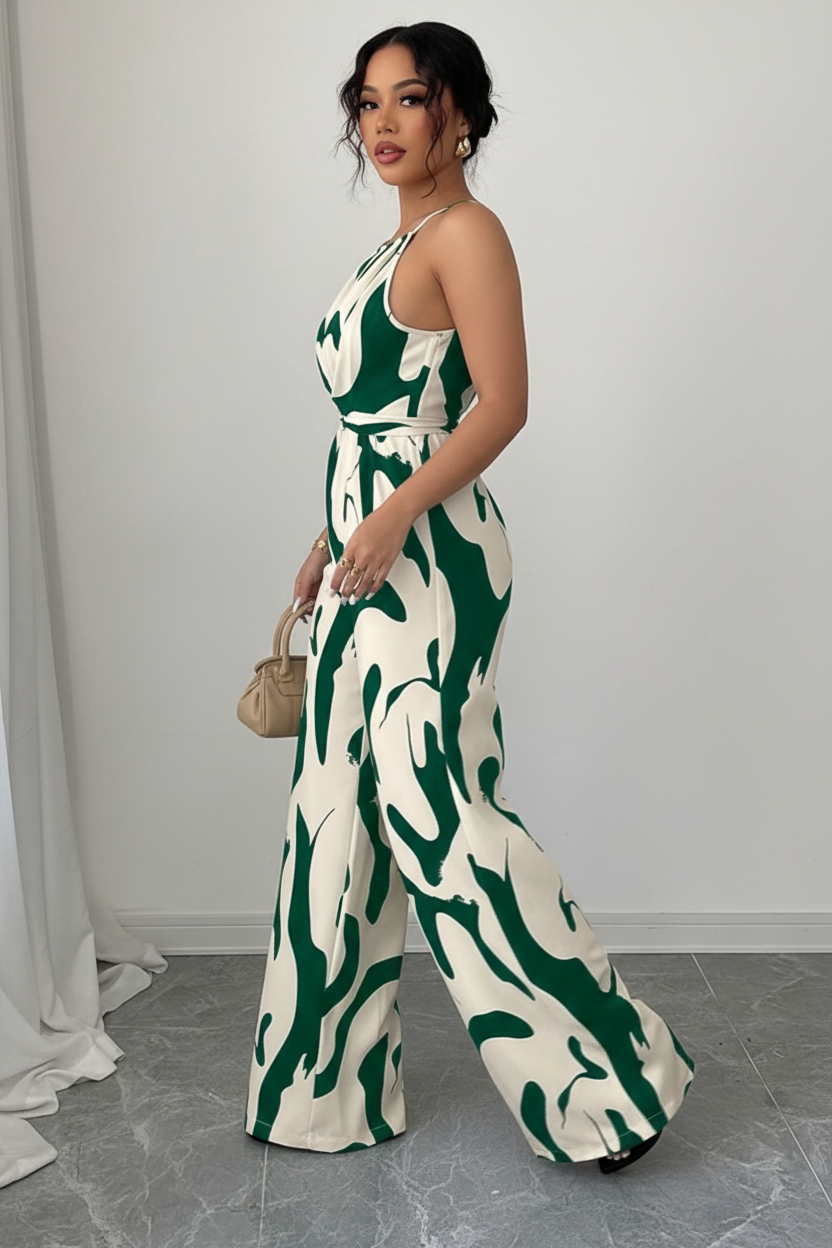 Combinaison pantalon large vert émeraude et blanc crème en mouvement gracieux - vue de profil latéral montrant la fluidité exceptionnelle du tissu polyester, la silhouette élancée créée par le pantalon large, le contraste saisissant entre le fond blanc crème et l'imprimé abstrait vert émeraude, et l'élégance de l'encolure halter - Style éditorial frais et sophistiqué - Vêtements élégants à prix doux Black-Coat