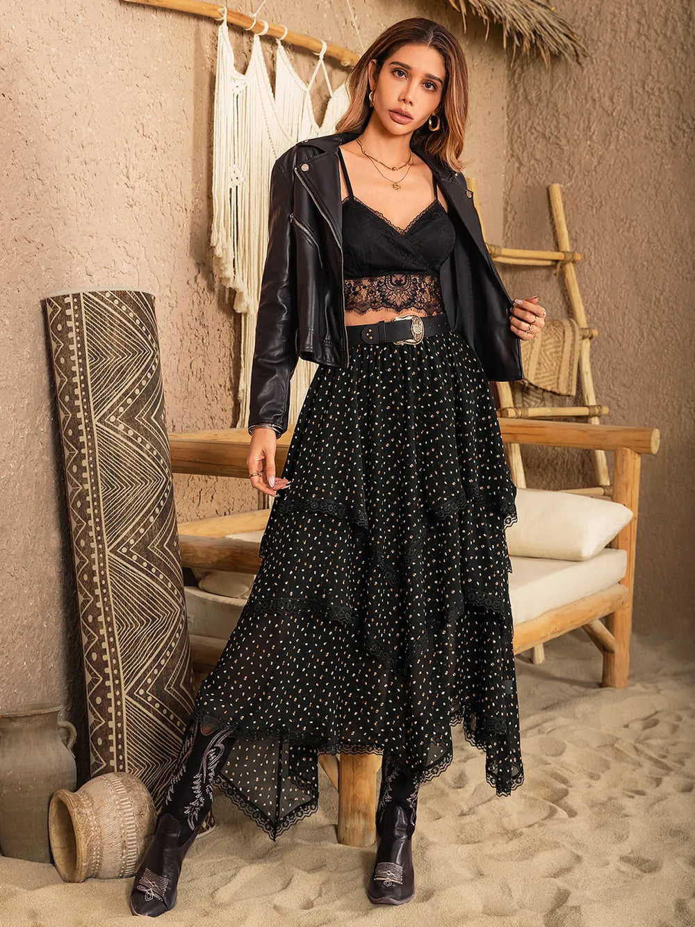 Mise en scène complète de la jupe midi romantique à volants et dentelle BLACK-COAT - illustration de la versatilité féminine qui se réinvente de la soirée romantique au bohème chic, volants aériens, détails dentelle délicate - mode féminine qui célèbre l'élégance romantique avec grâce accessible
