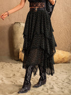 Vue de profil de la jupe midi à volants BLACK-COAT - découvrez l'effet aérien des volants superposés qui dansent à chaque mouvement, les détails dentelle délicate qui ajoutent raffinement, la longueur midi flatteuse, le tombé fluide du tissu polyester - romantisme moderne qui capture la féminité élégante
