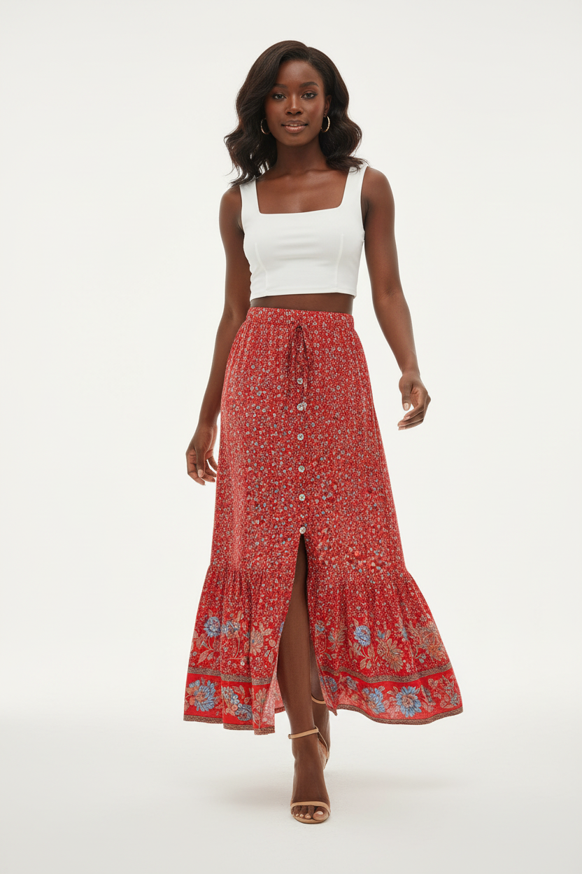 Jupe longue bohème Black-Coat avec imprimé floral, bordure décorative et fente latérale - mannequin capturée en pleine marche sur fond blanc studio, montrant le mouvement naturel et fluide de la jupe, la fente latérale qui révèle la jambe avec élégance, l'élégance bohème en mouvement et la bordure décorative qui ondule