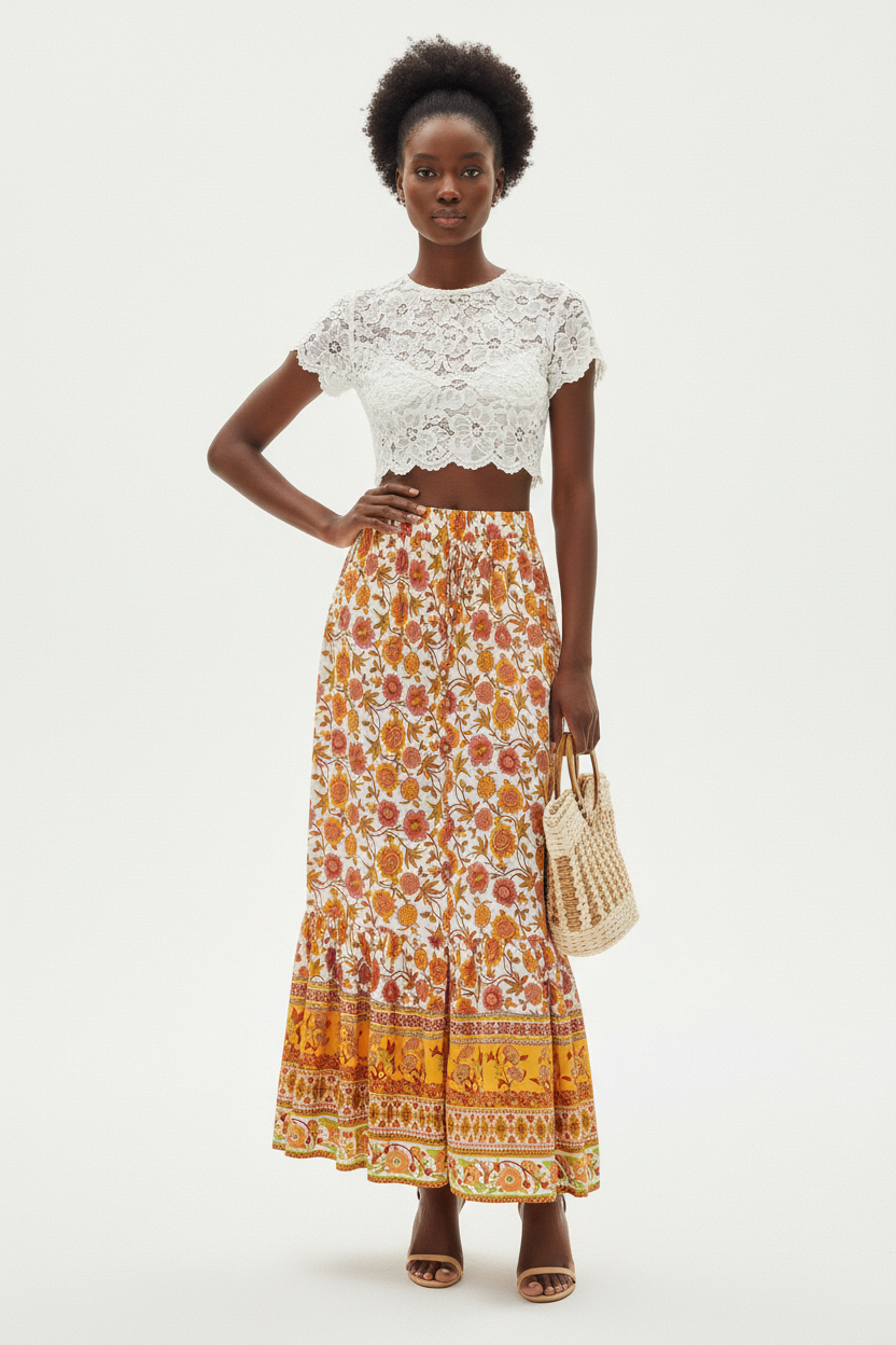 Jupe longue bohème Black-Coat orange et crème avec imprimé floral, bordure décorative et fente latérale - vue de face frontale complète d'une mannequin en pose debout sur fond blanc studio, présentant la taille élastique confortable, l'imprimé floral bohème orange et crème sophistiqué, la bordure décorative unique en bas, la fente latérale audacieuse et la longueur maxi fluide