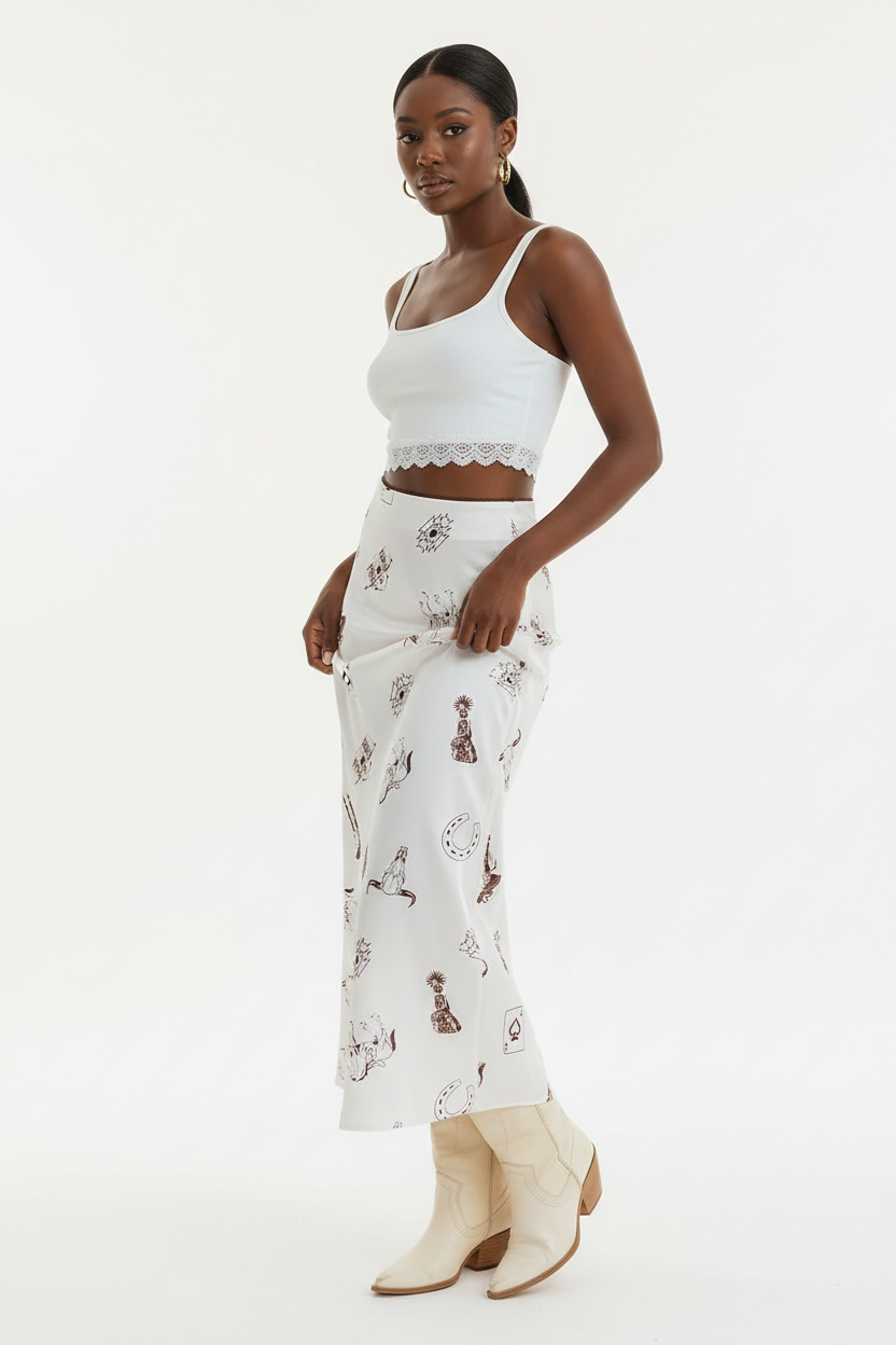Jupe longue western Black-Coat blanche à imprimé cowboy - vue trois-quarts dynamique d'une mannequin en pose confiante sur fond blanc studio, mettant en valeur la taille élastique ajustable, l'imprimé western avec symboles du Far West, la coupe évasée et le style cowgirl moderne