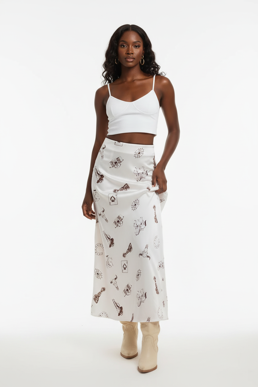 Jupe longue western Black-Coat blanche à imprimé cowboy - vue de face frontale complète d'une mannequin en pose debout sur fond blanc studio, présentant la taille élastique confortable, l'imprimé western unique avec motifs cowboy et fers à cheval, la base blanche éclatante et la longueur maxi fluide et élégante