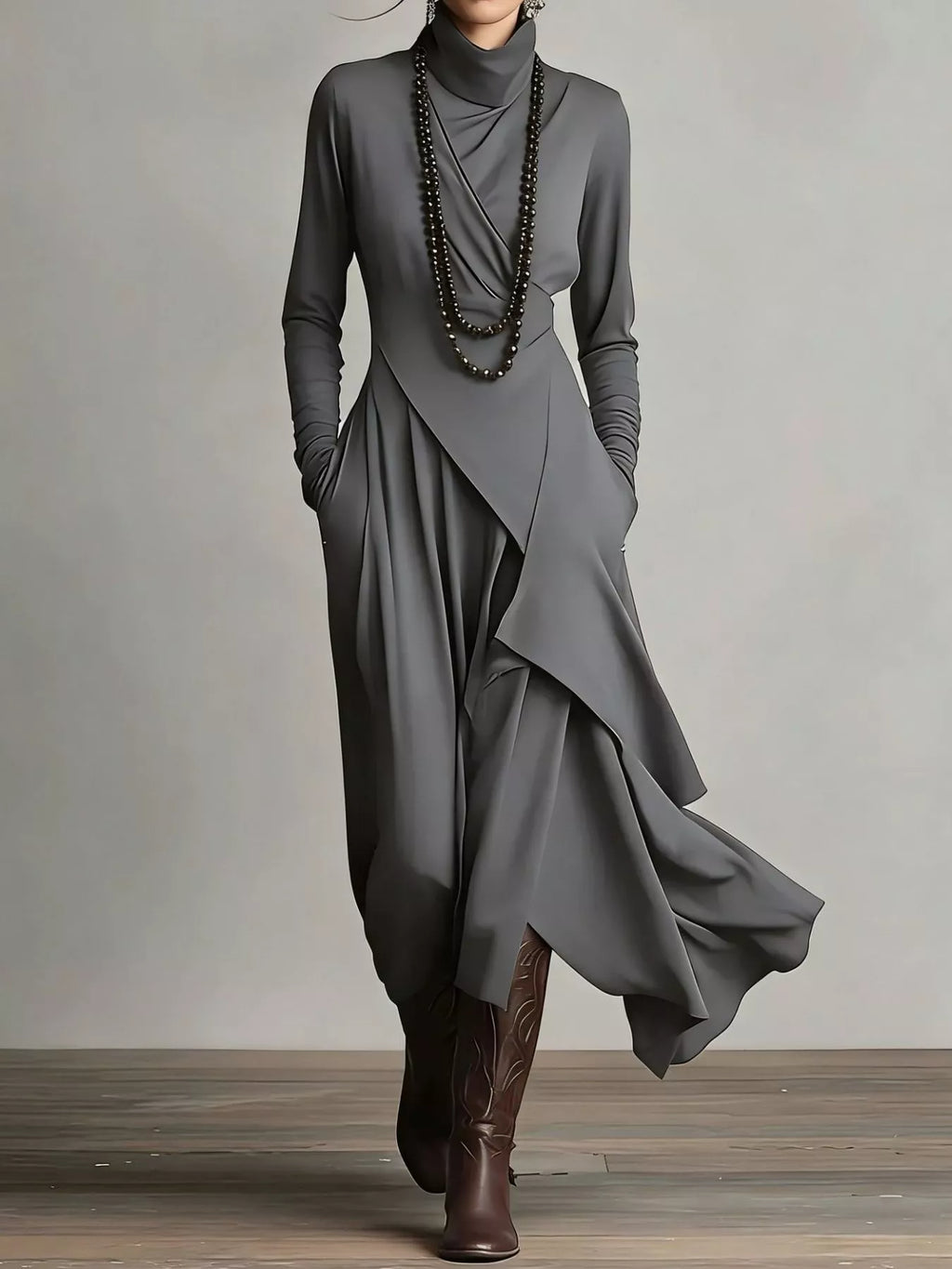 Robe asymétrique à col roulé avec poches et volants - vue de face montrant l'ourlet asymétrique audacieux, le col roulé sophistiqué et les volants romantiques créant une silhouette moderne unique - BLACK-COAT