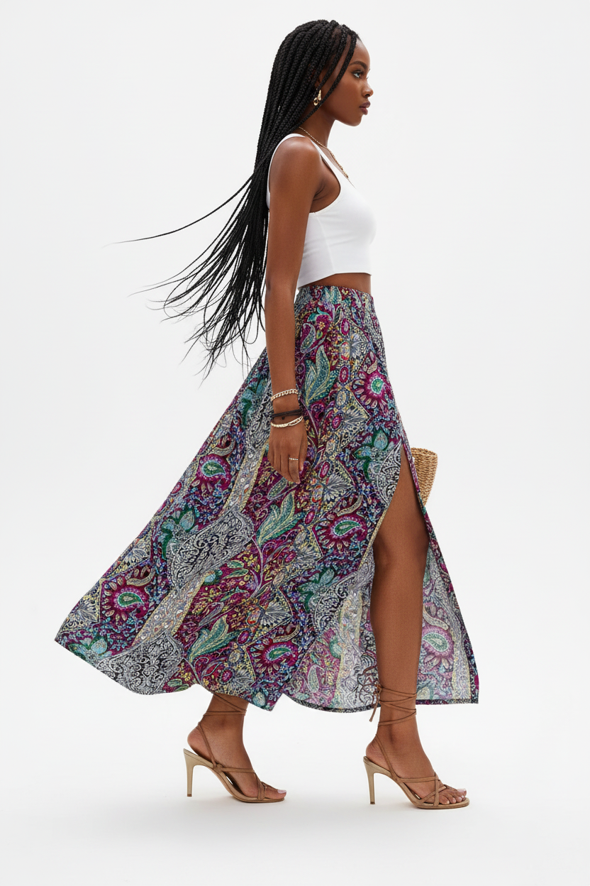 Jupe longue bohème Black-Coat à imprimé paisley coloré avec fente latérale - profil latéral complet d'une mannequin en mouvement gracieux sur fond blanc studio, soulignant le mouvement fluide de la jupe, la silhouette bohème romantique, l'imprimé paisley vibrant et la fente latérale visible de profil