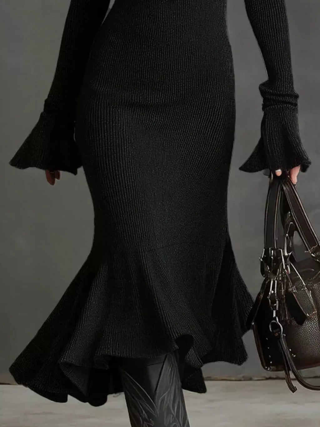 Robe midi tricot côtelé manches longues - gros plan sur la texture côtelée luxueuse qui sculpte et flatte la silhouette de façon sophistiquée - BLACK-COAT