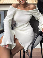 Robe pull manches longues  détaillant le dos nu sensuel avec les liens décoratifs raffinés - BLACK-COAT
