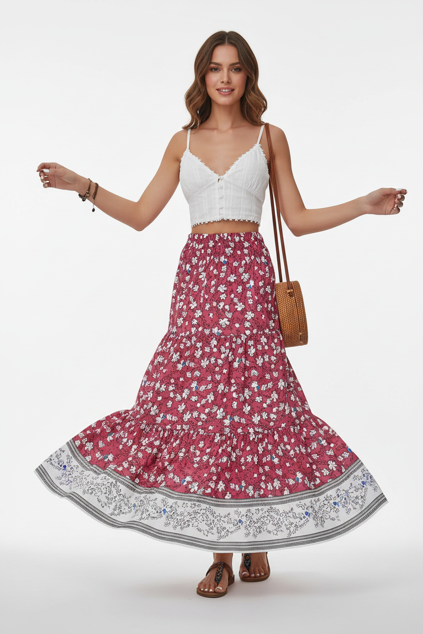 Jupe longue bohème Black-Coat à imprimé floral avec volants étagés et bordure contrastée - mannequin en mouvement de rotation tournoyant sur fond blanc studio, capturant le mouvement spectaculaire des trois étages de volants qui s'évasent, l'effet romantique et aérien de la jupe en mouvement et la beauté de l'imprimé floral qui danse