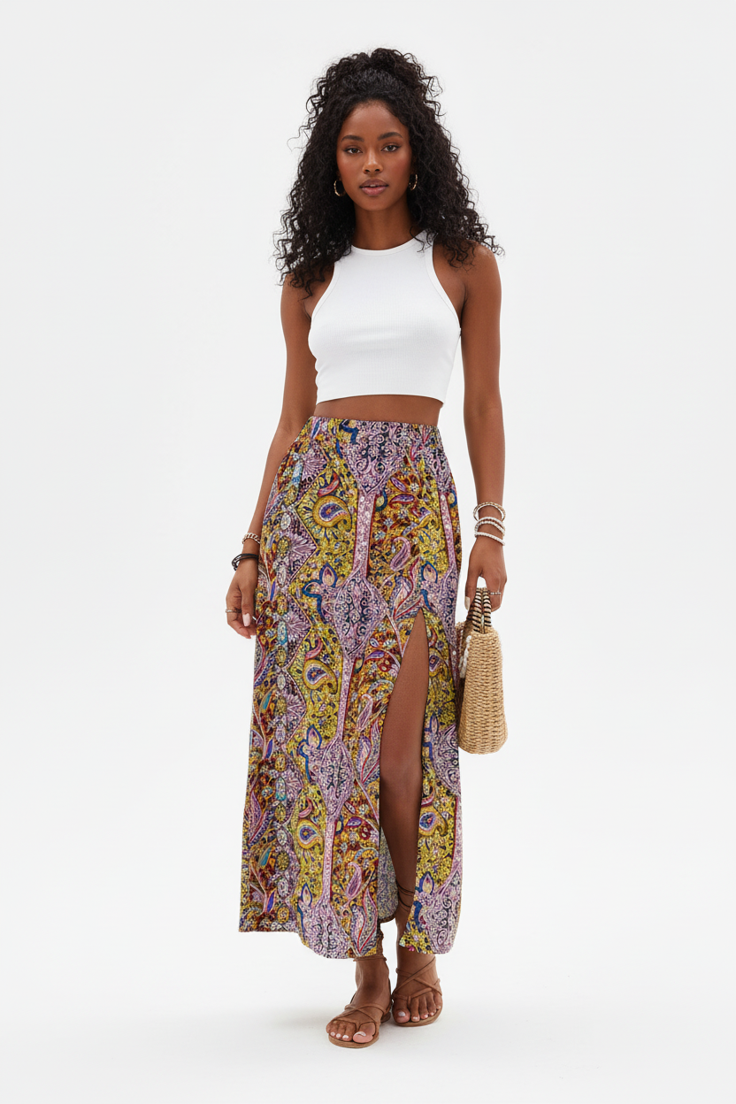 Jupe longue bohème Black-Coat à imprimé paisley coloré avec fente latérale - vue de face frontale complète d'une mannequin en pose debout sur fond blanc studio, présentant la taille élastique confortable, l'imprimé paisley coloré et sophistiqué, la fente latérale audacieuse, la bordure décorative en bas et la longueur maxi fluide et bohème