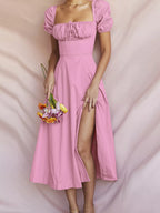 Robe midi grande taille à manches courtes avec fente élégante - vue de face montrant la longueur midi flatteuse, les manches courtes légères et la silhouette sophistiquée décontractée - BLACK-COAT