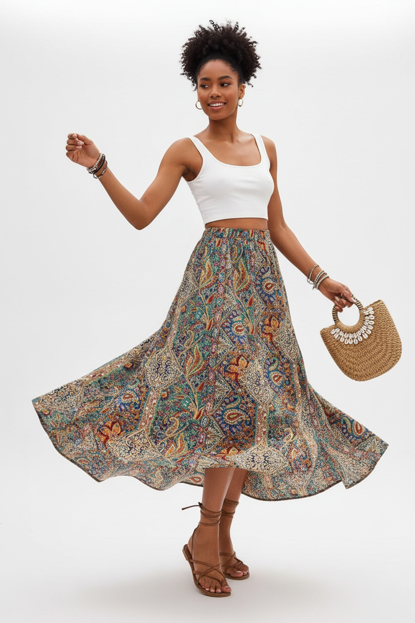 Jupe longue bohème Black-Coat à imprimé paisley coloré avec fente latérale - mannequin en mouvement de rotation tournoyant sur fond blanc studio, capturant le mouvement spectaculaire de la jupe qui s'évase, l'effet romantique et aérien en mouvement et la beauté de l'imprimé paisley qui danse