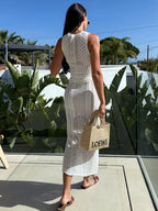 Ensemble maille ajourée jupe fendue - vue arrière détaillant la finition soignée du top et la fente audacieuse de la jupe - BLACK-COAT
