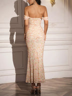 💎 Robe longue sirène florale épaules dénudées BLACK-COAT - vue montrant les détails de dos, l'ajustement parfait de la coupe près du corps et l'élégance romantique de cette robe de soirée aux imprimés floraux sophistiqués 🌸
