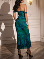 💎 Robe longue sirène florale épaules dénudées BLACK-COAT - vue montrant les détails de dos, l'ajustement parfait de la coupe près du corps et l'élégance romantique de cette robe de soirée aux imprimés floraux sophistiqués 🌸
