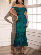 🌟 Robe sirène florale froncée BLACK-COAT - gros plan détaillé sur les motifs floraux délicats, les fronces (ruching) stratégiquement placées et la qualité du tissu polyester-élasthanne qui assure un tombé impeccable ✨
