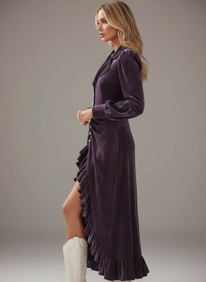 Vue latérale femme en robe velours femme en robe velours midi volants, profil montrant la silhouette élégante, détails volants fluides, fente haute visible, pose gracieuse, éclairage studio doux, style mode luxe
