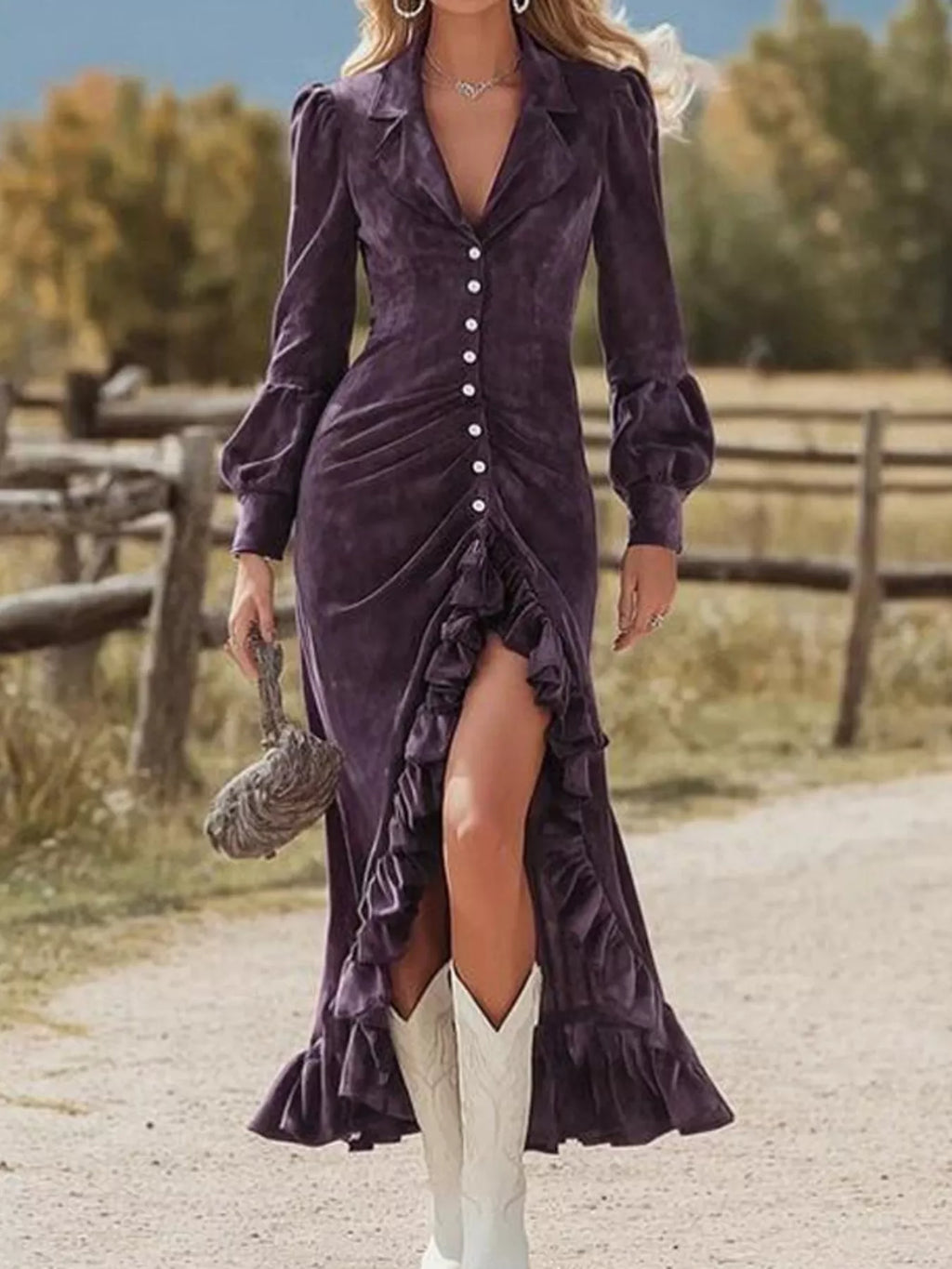 Robe midi en velours luxueux avec détails volants romantiques et fente latérale haute, tissu velours riche, volants fluides décoratifs, fente haute sur la cuisse, longueur midi élégante, style soirée sophistiqué
