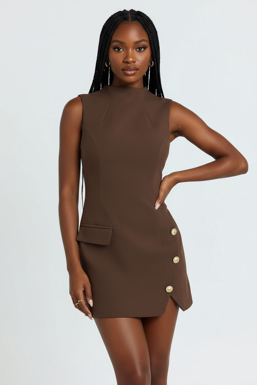 Robe mini col montant Black-Coat avec boutons dorés - vue corps entier d'une mannequin avec main sur la hanche en pose confiante sur fond blanc studio, illustrant la silhouette structurée et flatteuse, la longueur mini parfaite, le col montant élégant sans manches et l'attitude assurée que procure cette robe